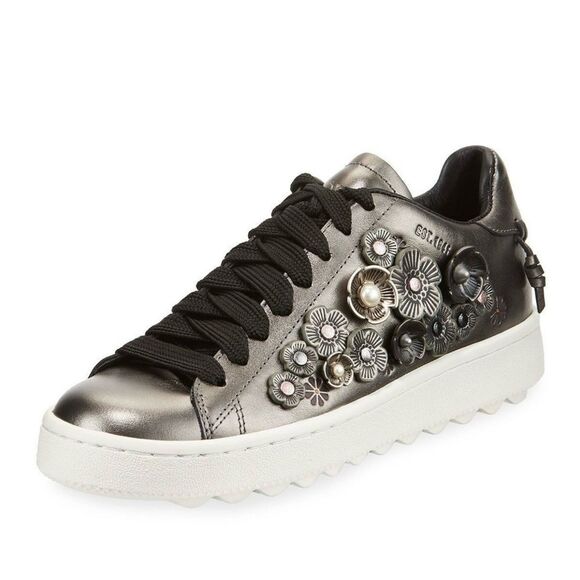 Coach Tea Rose Floral Embellished Metallic Leather Sneakers womens shoe size 9 B - Picture 1 of 13